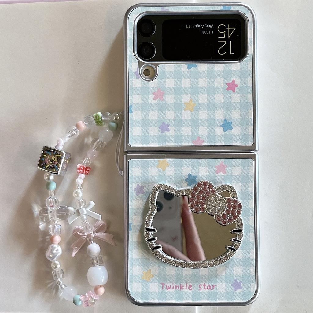 Cute Kawaii Hello Kitty Phone Case with Rhinestone Mirror Beaded Lanyard For Samsung Galaxy Z Flip 7 6 5 4 3 Plaid Star Foldabl