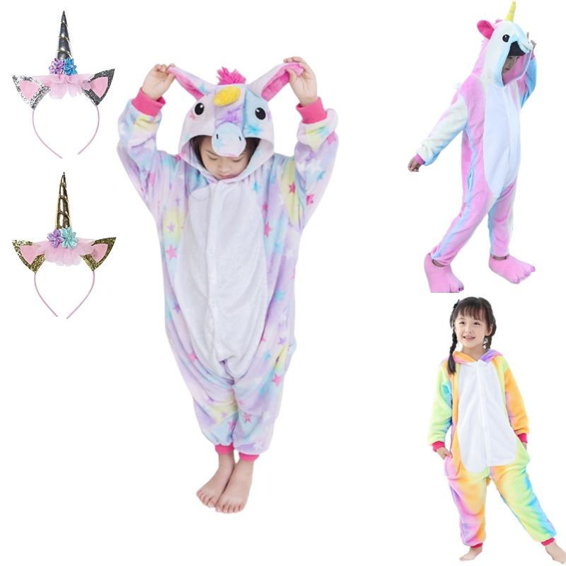 Fluffy Flannel Unicorn Hooded Pajamas Jumpsuit For Kids Winter