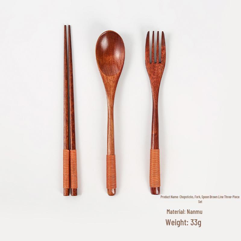 Japanese Wooden Cutlery Set: Spoon, Fork & Chopsticks with Old Lacquer Nanmu and String Tie