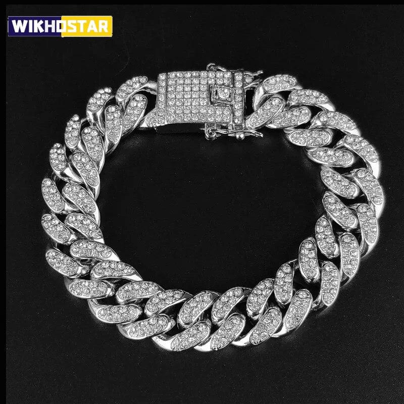 Full Crystal Stone Cuban Chain Hip Hop Bracelet For Men Silver Color Metal Link Chain Rhinestone Luck Closure Mens Bracelet