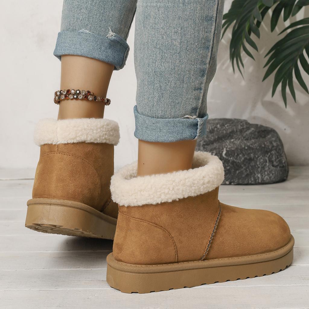 Winter New Round Head Flat with Warm and Comfortable Non-slip Snow Boots Suede Muffin Bottom Short Tube Wool Cotton Boots