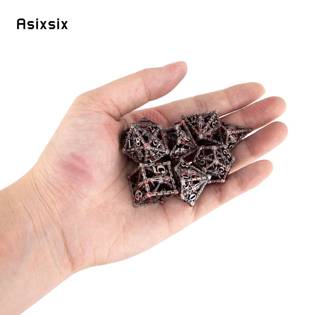 7-teiliges Würfelset aus Metall mit silberner roter Hand und Totenkopfkopf, hohles polyedrisches Würfelset aus Metall, geeignet für Rollenspiele, RPG-Brettspiele, Kartenspiele