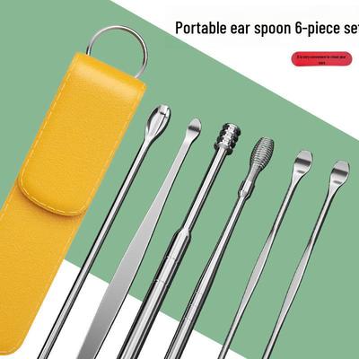 Conjunto de 6 Limpadores de Ouvido com Estojo de Couro - Design Portátil de Mola Espiral