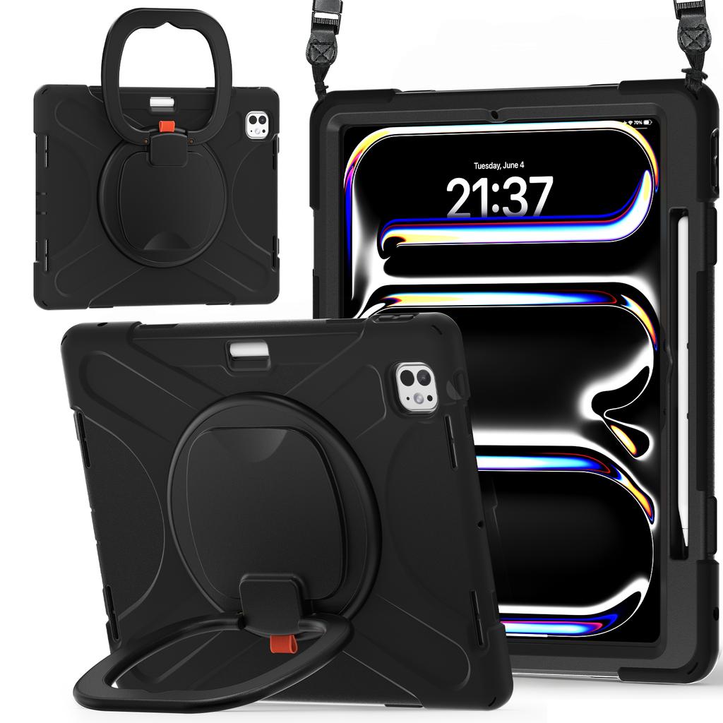 For iPad Pro 13 (2024) Case with Shoulder Strap TPU+PC+Silicone Kickstand Tablet Cover