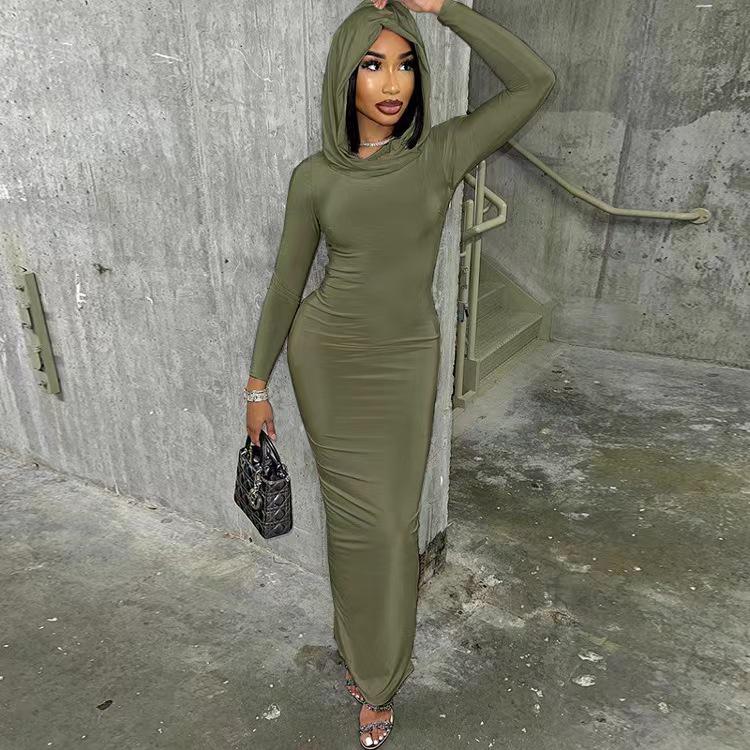 Evropský a americký styl šaty bodycon s kapucí a dlouhým rukávem v jednobarevném provedení