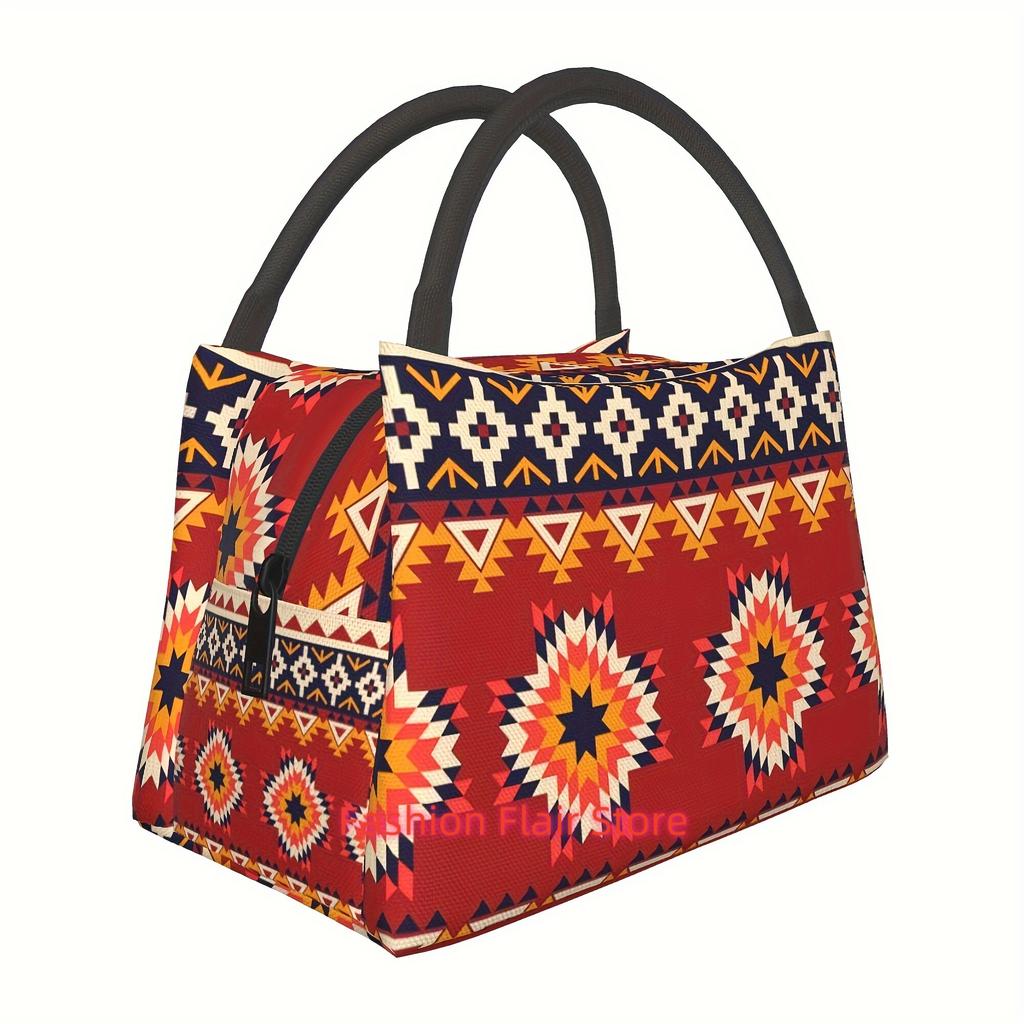 Men's and Women's Insulated Lunch Bag, Reusable Large Lunch Tote with Insulated Zipper Closure, Red Bohemian Pattern Portable Lu