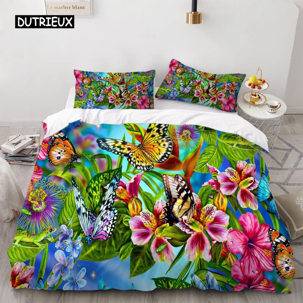 Butterfly Duvet Cover Set 3D Galaxy Purple Butterfly Floral Printed Bedding Set Fantasy Theme King Size Comforter Cover for Girl