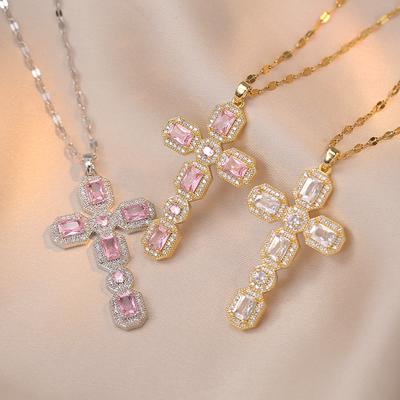 Luxury Female Pink White Square Cross Pendant Necklace Vintage Gold Color Wedding  For Women