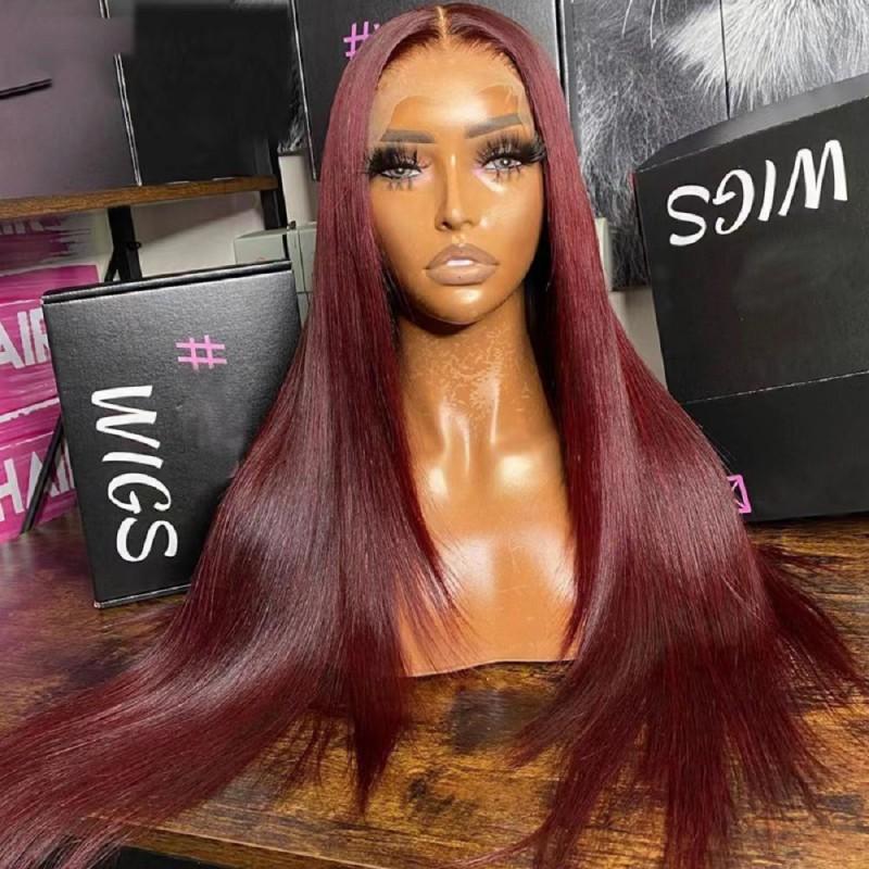 Womens Wine Red Middle Part Long Straight Wig Synthetic Heat Resistant Fiber Full Cap Daily Wear