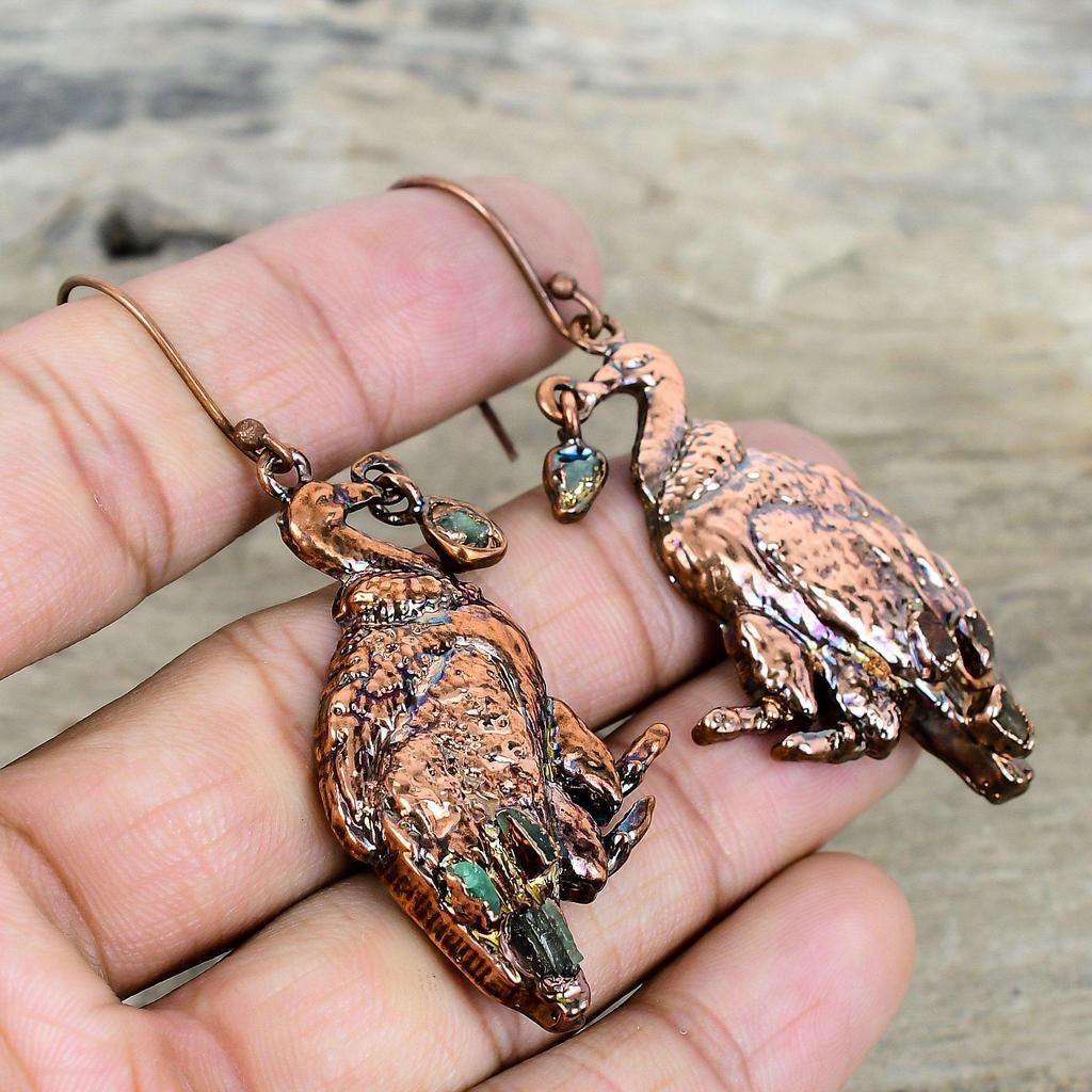 Green Tourmaline Rough Earring Electroformed Copper Earring Handmade Peacock Earrings Electroformed Jewelry Gemstone Earring Gifts for Women
