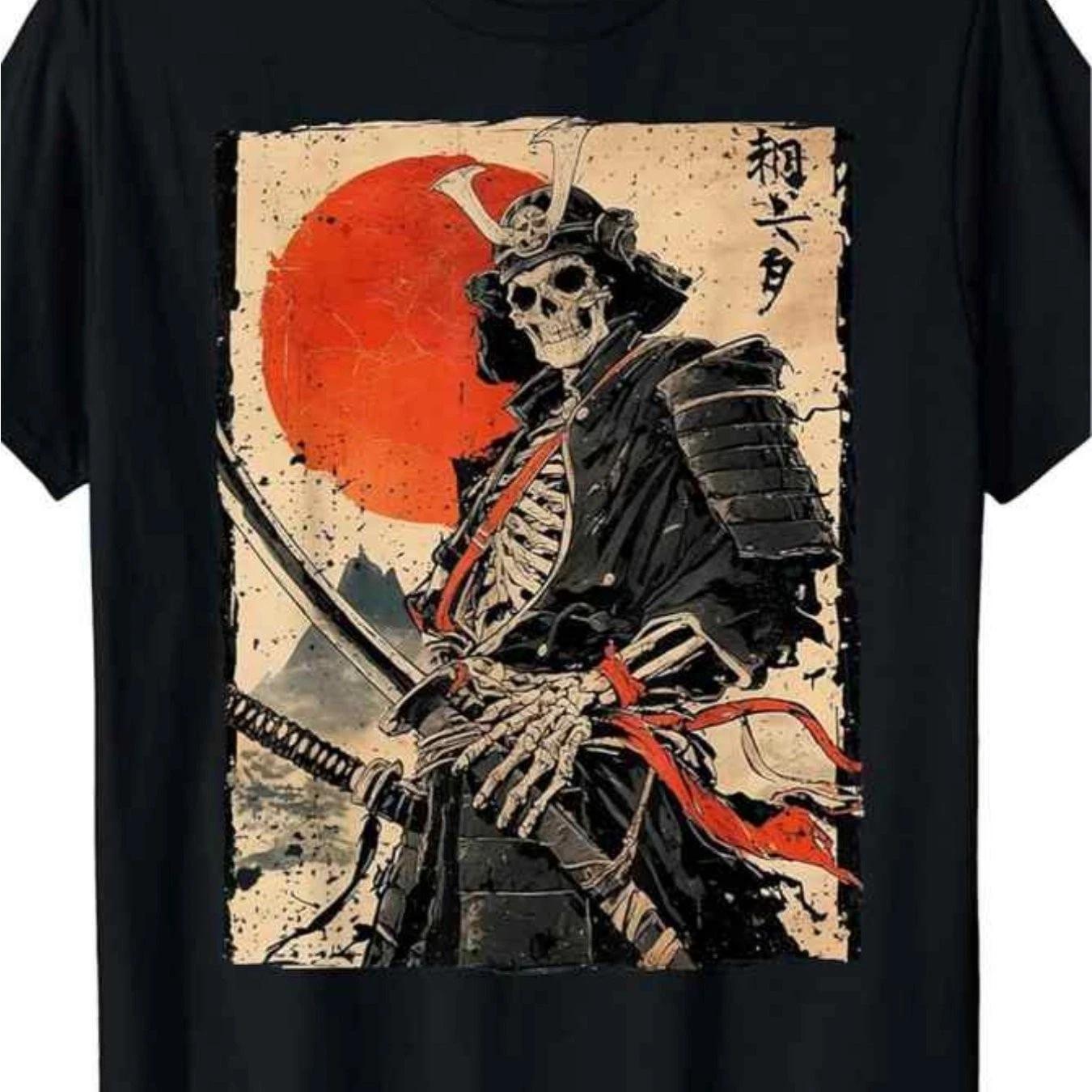 Samurai Skull T Shirt Ukiyo E Japanese Warrior Graphic Streetwear Tee Top M