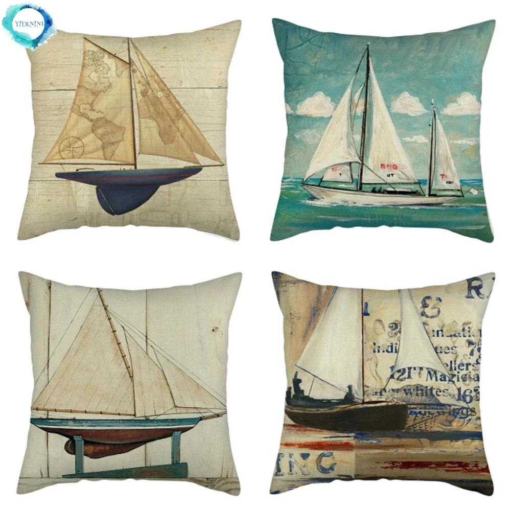 Monika Chen Unisex Marine Ship Printed Cushion Cover Cotton Linen Pillow Cover Decorative For Home Sofa Throw Pillowcase Almofadas Decorativas