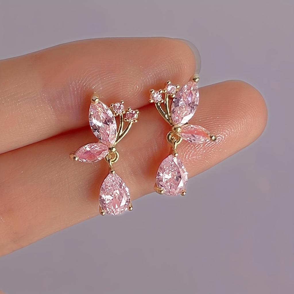 Pair Fashionable Elegant Exquisite Butterfly Bow Glass Inlaid Earrings for Women Daily Commuting Dating Gift