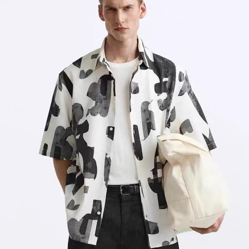 

Men s Summer Abstract Print Short Sleeve Button Down Shirt Casual Hawaiian Top M белый