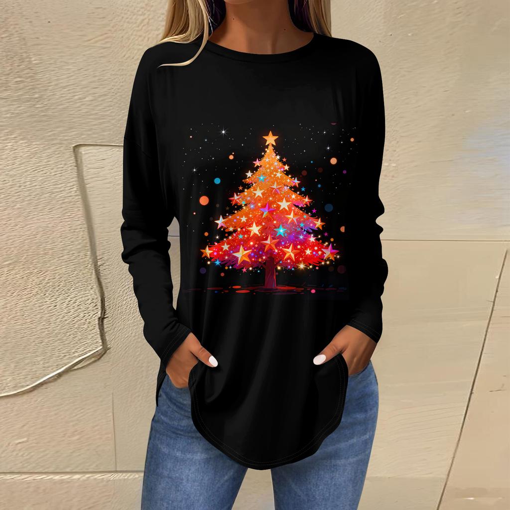 Dames Losse Comfortabele Casual Mode V-Hals Kerstprint Lange Mouw Hoodie