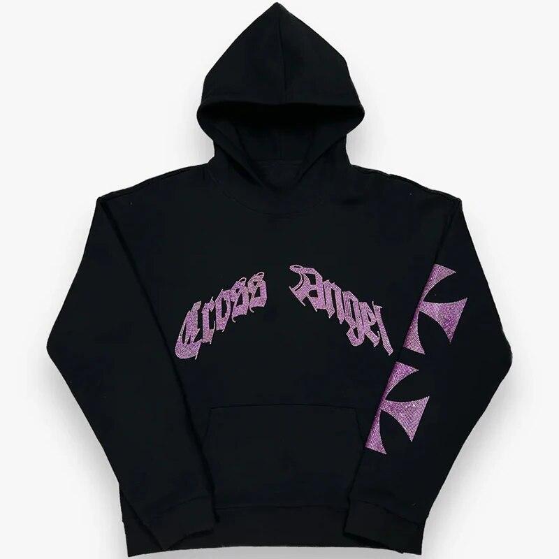 Men Y2K Fashion Hoodie Rhinestones Letter Cross Graphics Print Hoodie Clothes Hoodies Goth Long Sleeve Sweatshirt Oversized Top