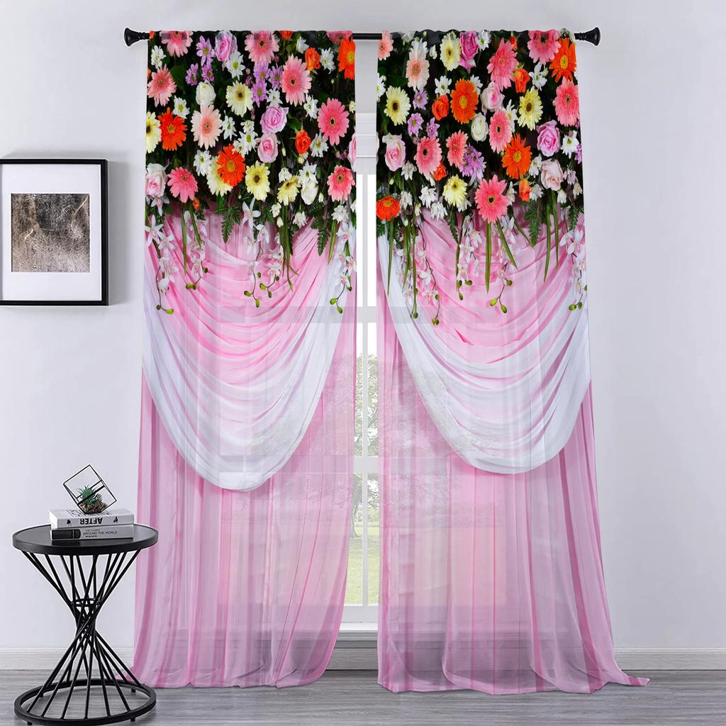 Flower Wall Voile Curtains Living Room Bedroom Decoration Transparent Chiffon Tulle Curtain Kitchen Window Treatment Sheer Polyester Sitting Decor