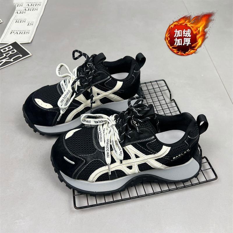 Leather casual women's velvet autumn and winter thick-soled feet small dad shoes small waist running shoes women's shoes