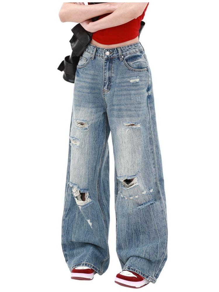 

Джинсы с дырками после стирки Женские Ретро Фигура-груша Прямые брюки С высокой талией Повседневные Свободные Брюки, волочащиеся по земле Джинсы для женщин Длинные джинсовые брюки 4XL