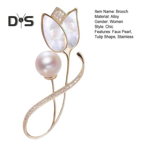 Women Brooch Faux Pearl Rhinestone Tulip Shape Stainless Anti-slip Wear-resistant Coat Collar Hat Scarf Decoration Clothes Pin Garment Jewelry
