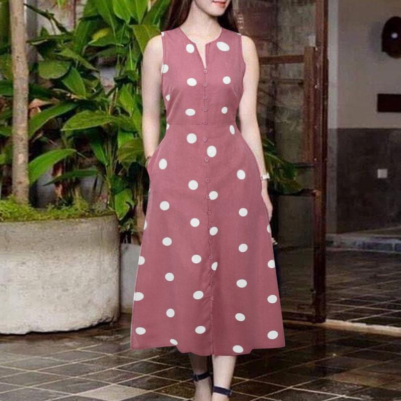 ZANZEA Women Vacation Casual V-Neck Sleeveless Polka Dot A-Line Slit Dress