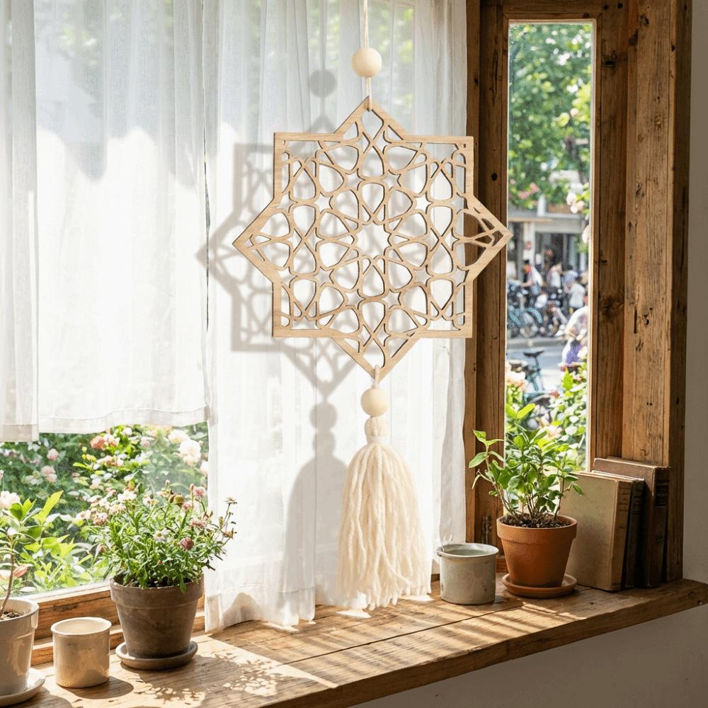 Hollowed-out Moon Star Hollow Mesh Wall Decor Wooden Handicraft Pendant  Ramadan Celebration