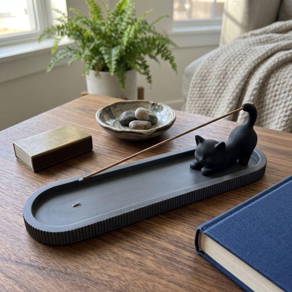 3D Printed Black Cat Incense Stick Holder Zen Style Incense Burner with Ash Catcher Yoga Room