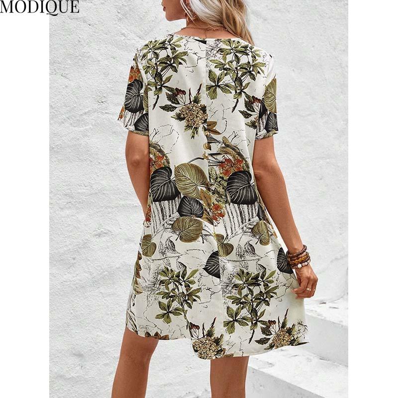 MODIQUE 2025 Summer New Women's Casual Flowers And Plants Print Meah Short Dress Ladies Retro A-Line V-Neck Dress