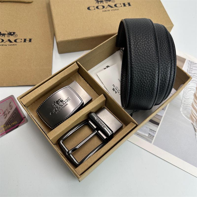 Men's Classic Double Buckle Leather Belt with C Buckle and Fabric Texture - Business Casual Trousers Accessory