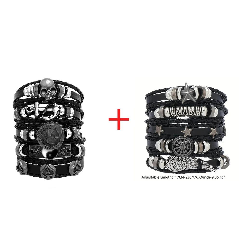 1 Mode-Armband Wikinger-Armband Für Männer Handgelenk-Armbänder Geflochtenes Totenkopf-Hand-Schmuckstück Verstellbares Leder-Set-Armband Für Leder