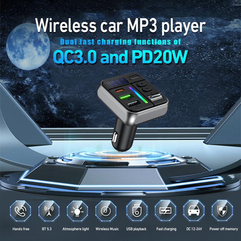 Audio MP3 Player UBS Type-C Car Charger RGB Light Bluetooth FM Transmitter Vehicles PD Fast Charging Power Adapter Handsfree