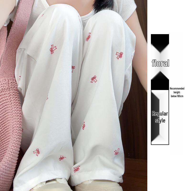 

2025 Белые брюки с широкими штанинами из ледяного шелка с цветочным бантом - Повседневные маленькие весенне-осенние L (106-115 lbs)