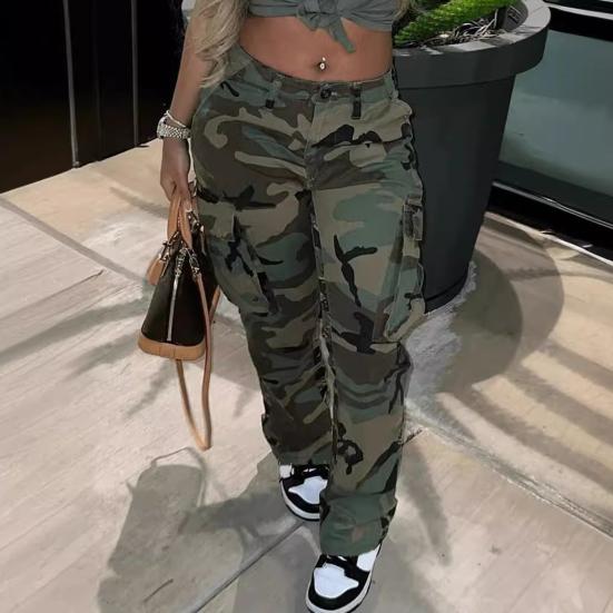 Dame Camo Print Cargobukser Høy Midje Vide Ben Baggy Streetwear Casual Kamuflasje Militærbukser med Lommer