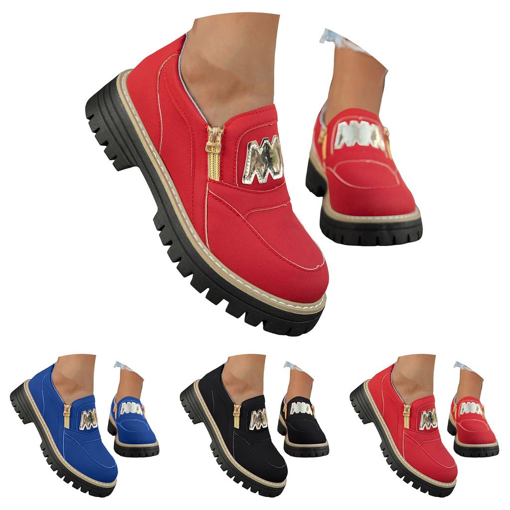 Thick Soled Leather Loafers For Women Fashionable And Casual Zippered Slip British Casual Sandals for Women Casual Summer Wedge