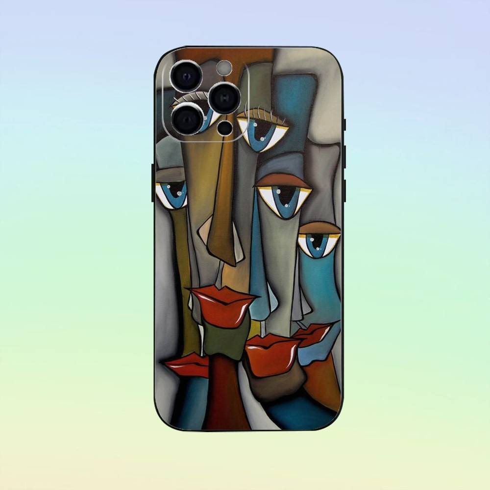 Abstract Human Face Art Phone Case For iPhone 17,16,15,14,13,12,11 ,Soft Silicone Black Cover