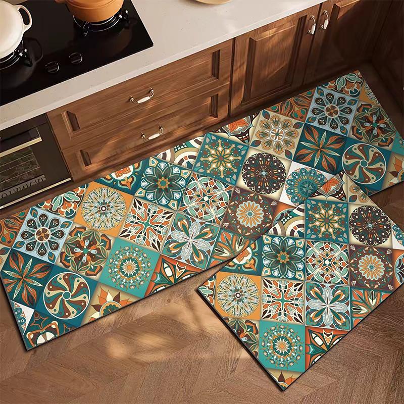 PVC Kitchen Carpet Waterproof Leather Floor Mat Oil-proof Non-slip Long Foot Mats Color Stripes Ethnic Style Home Decoration Rug