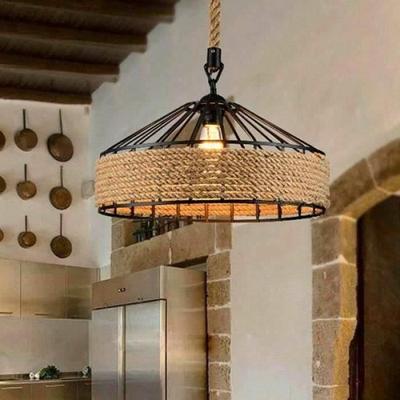 LUSTRE - SUSPENSION - Ø30 Cm - E27 - Hemp Rope - Metal - Black and Linen