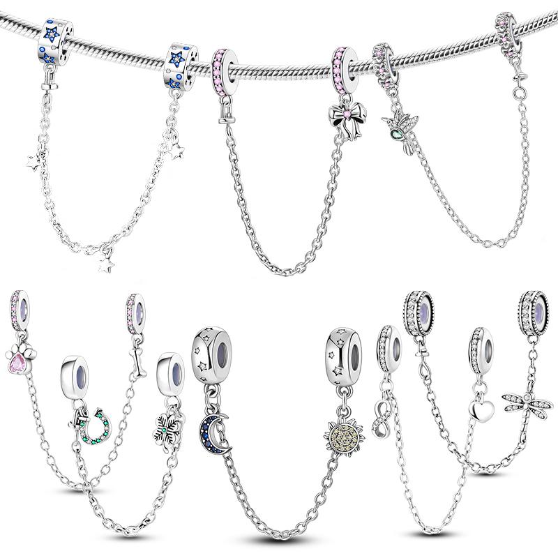 Pulsera DIY de plata 925 con cierre de seguridad, dije de luna, estrella y hoja, joyería para mujeres y niñas.