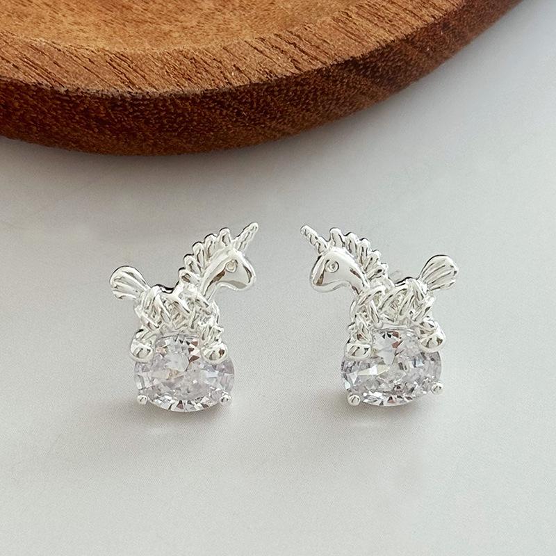 S925 Sterling Silver Unicorn Zircon Stud Earrings - Light Luxury, Personalized Design for Women