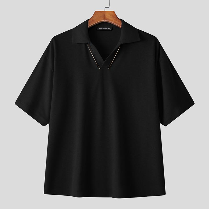 INCERUN Men Lapel Neck Short Sleeve Casual Loose T-shirts Tops