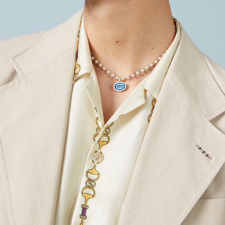 Gucci Double G Series Interlocking G Sphere Chain Glossy 925 Silver Enamel Necklace Women necklace Blue 753438-J8410-8136