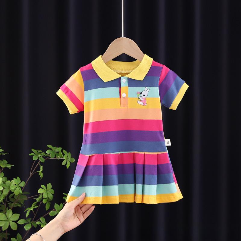 Stylish Infant Girls' Summer Dress: Lapel, Striped, Pleated Skirt for Ages 1-3