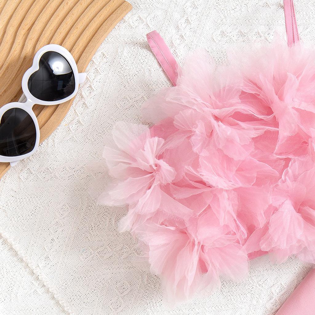 4-7Y Summer Children's Clothing Mesh Three-dimensional Flowers Bust Halter Top + Slim Suit Trousers Suit Personality Suit