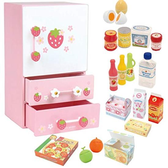 Mother Garden Wooden Toy Wild Strawberry Cutie Chilled Refrigerator Play Set 17 Pieces Accessories Completed Product 441-58399 [Wooden Play Set