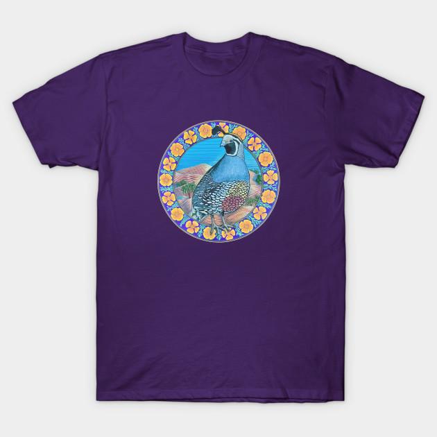 Men Black Print T-shirt California Quail With Golden Poppy Border No-Cut Transfer Paper Print Cotton Tshirt M
