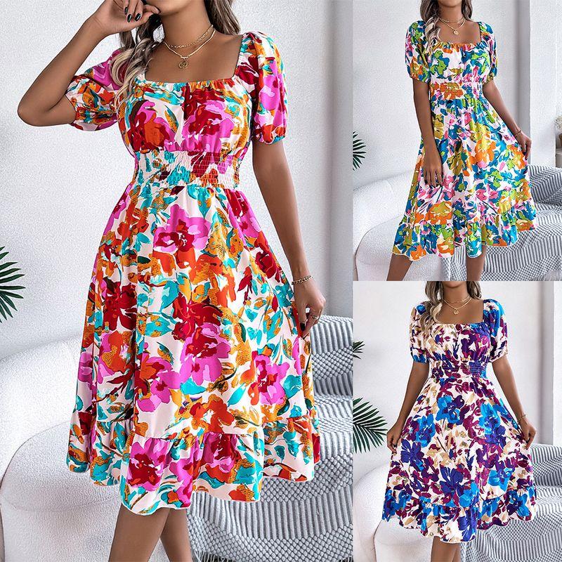 Ruffle Edge Dress2025 Spring/Summer European and American Women clothes Flower Square Collar Short sleeve Waist Hugging Frill A- line Skirt