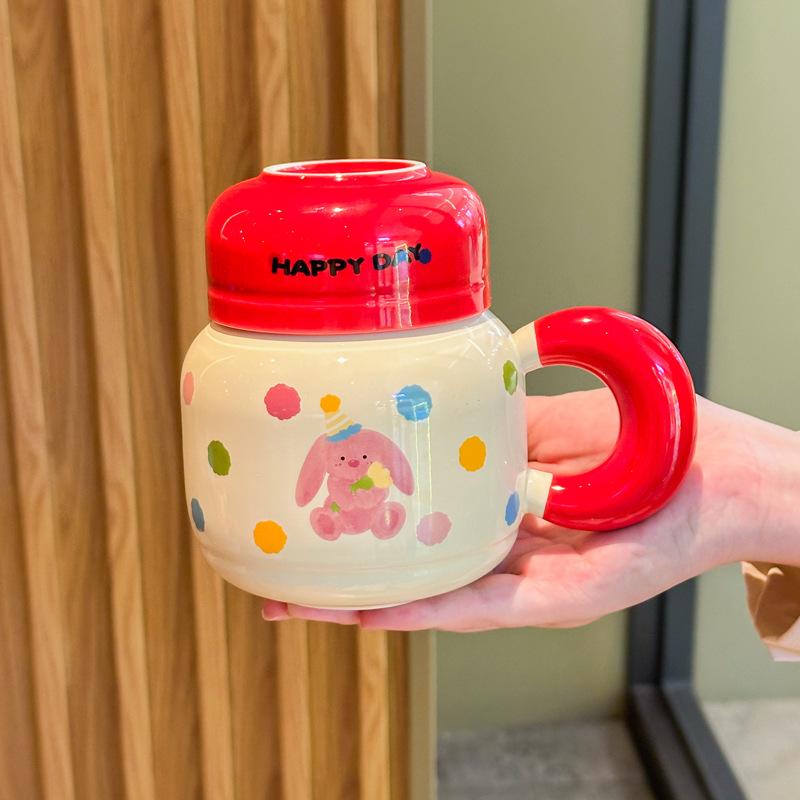 Milk fufu cute bear kettle large capacity ceramic mug with lid spoon couple coffee cup female birthday gift