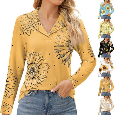 Dámská módní volnočasová halenka s dlouhým rukávem a výstřihem do V s květinovým potiskem