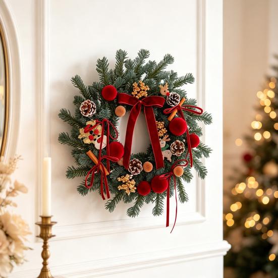 Handmade Wreath for Balcony Christmas Artificial Garland with Pinecones Cinnamon And Red Bows, Decorative Hanging Front Door Pendants Winter