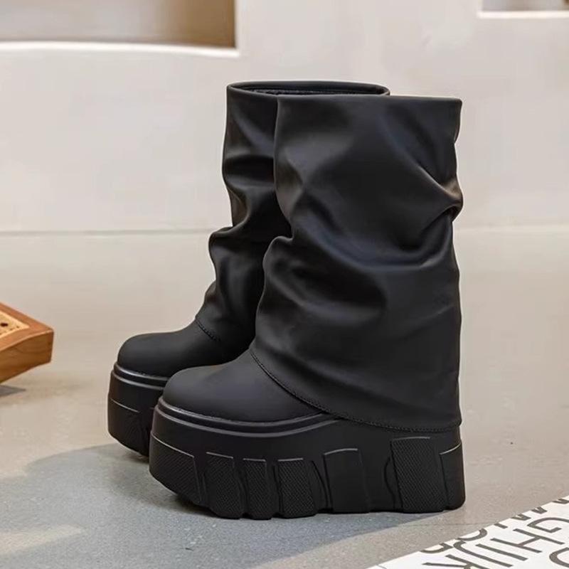 

Thick Bottom Short Boots for Women Street Style Platform Shoes AutumnWinter Black Bottines Height Increasing Pleated Botas Mujer 40